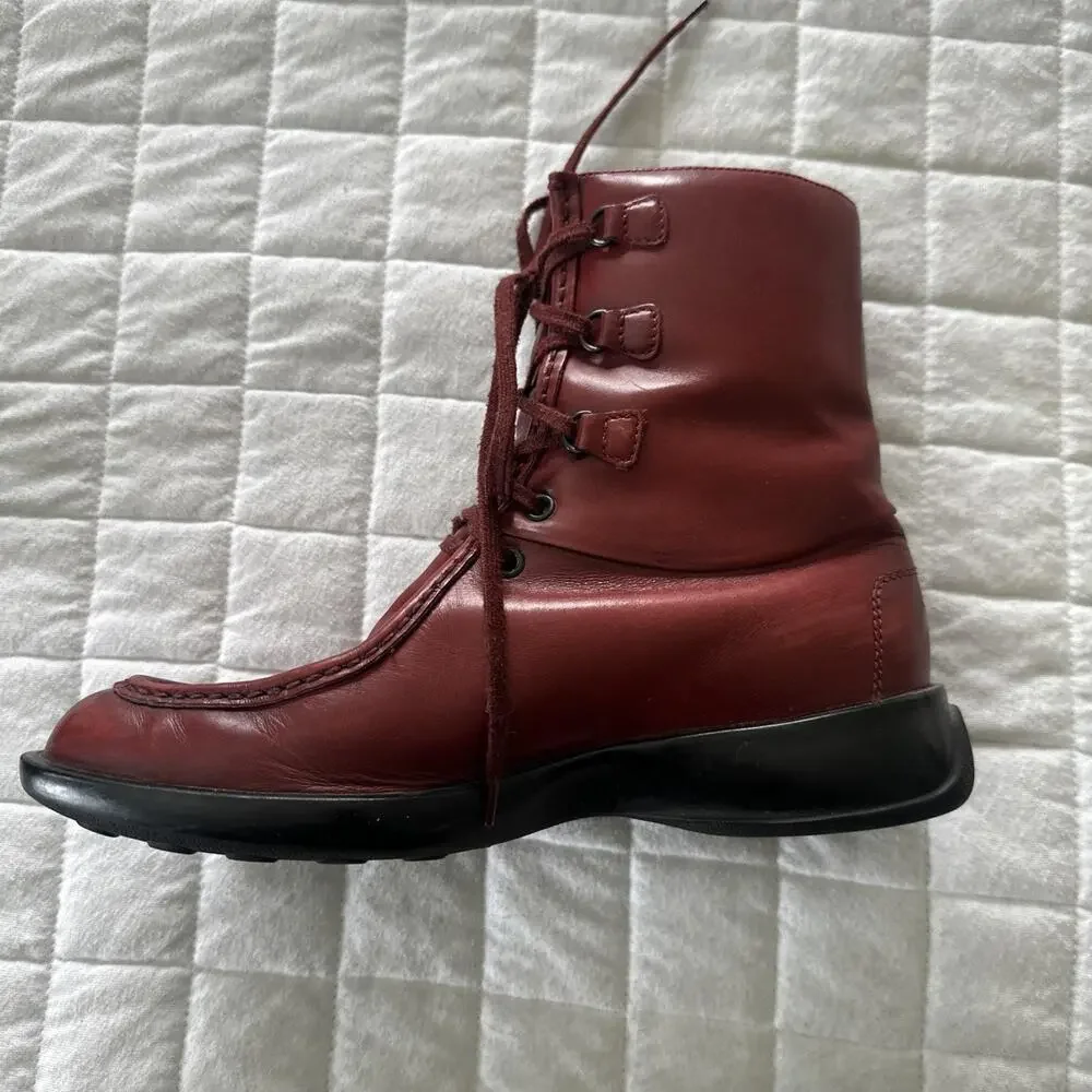 TODS Boots Womens 38 US 8 Red Leather Lace Up Combat Ankle Wedge Low Heel - Picture 8 of 14